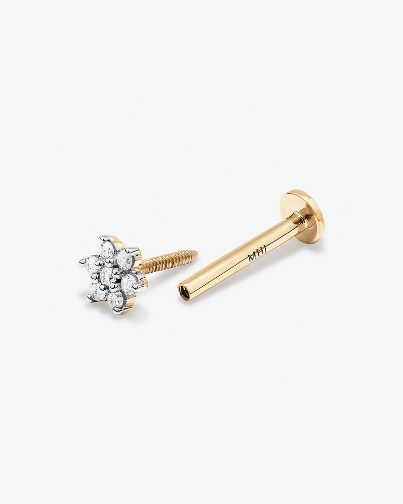 Diamond Flower Flat Back Helix Stud Earring in 10kt Yellow Gold