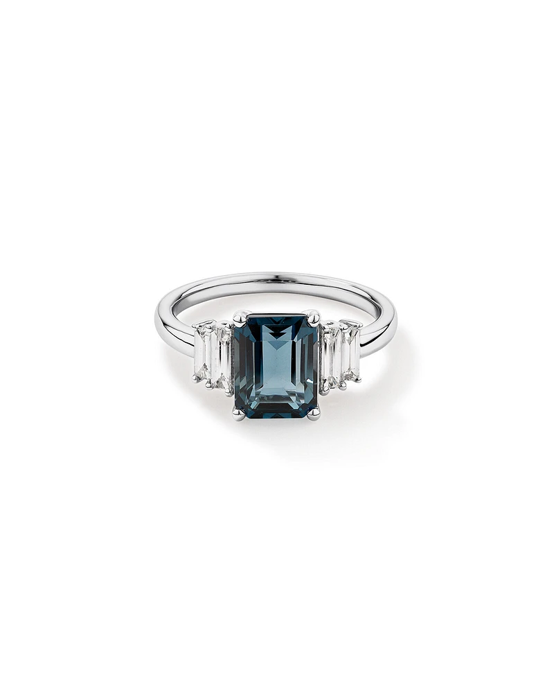 Emerald Cut London Blue Topaz Gemstone and 0.30 Carat TW Baguette Diamond Ring in 14kt White Gold