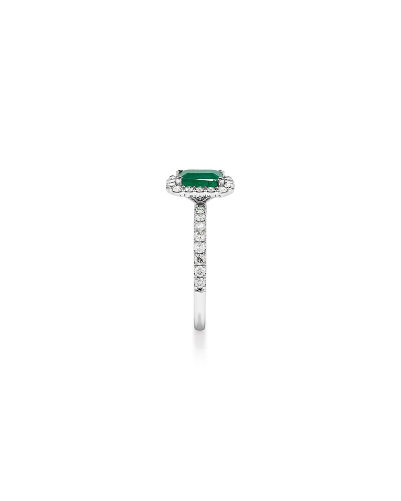 Emerald Cut Green Emerald Gemstone and 0.60 Carat TW Diamond Halo Ring in 14kt White Gold