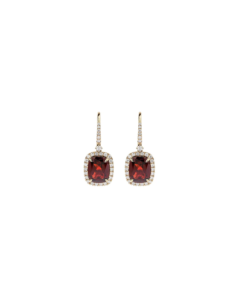 Cushion Cut Red Garnet Gemstone and Diamond Halo Drop Earrings 10kt Yellow Gold