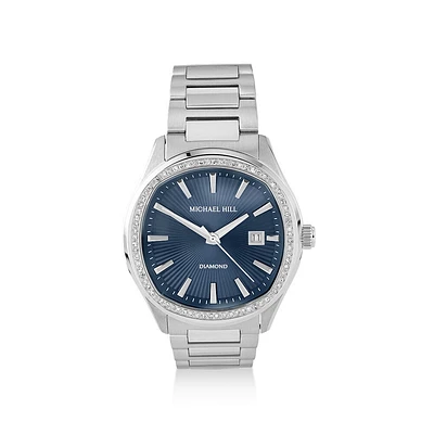 Montre En Acier Inoxydable Pour Hommes De 0,60 Carat Tw Diamant Quartz Avec Cadran Bleu