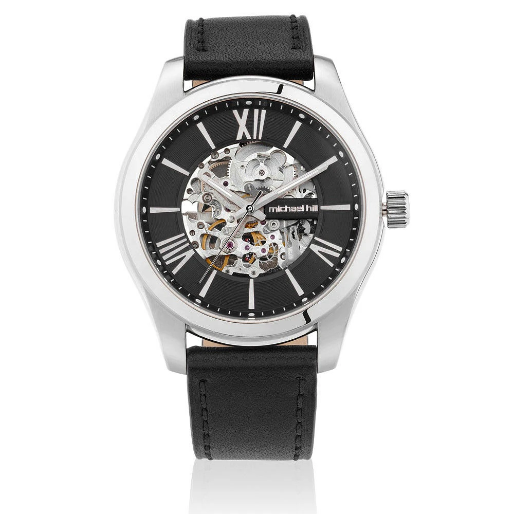 Michael Hill Automatic Skeleton Watch In Rose Tone Stainless Steel And Leather