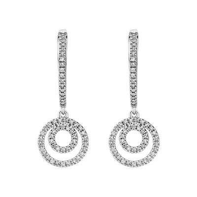 Fine Double Circle Diamond Drop Huggie Earrings in Sterling Silver