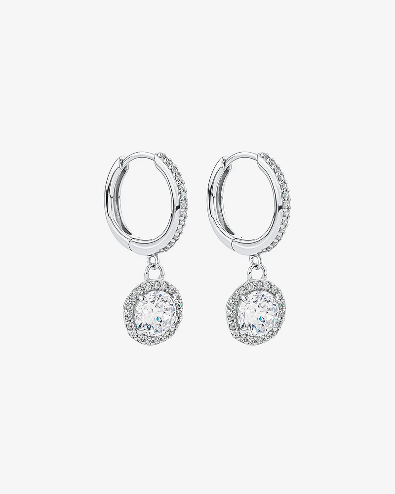 Round Brilliant Cubic Zirconia Halo Drop Hoop Earrings in Sterling Silver