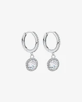 Round Brilliant Cubic Zirconia Halo Drop Hoop Earrings in Sterling Silver