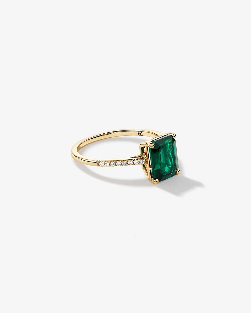 Emerald Cut Green Created Emerald Gemstone and Diamond Ring in 10kt Yellow Gold