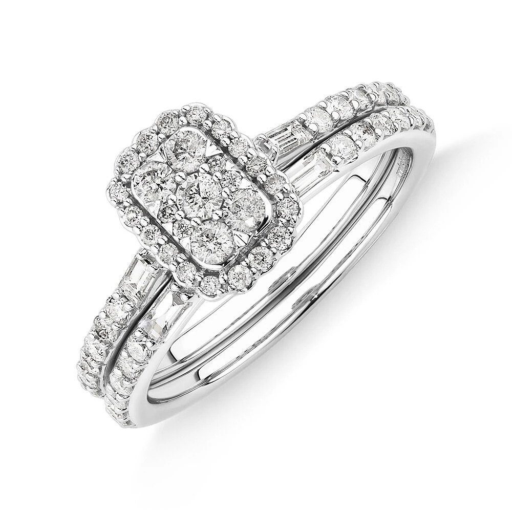 0.75 Carat TW Rectangle Shaped Cluster Engagement Ring and Wedding Ring Bridal Set in 14kt White Gold