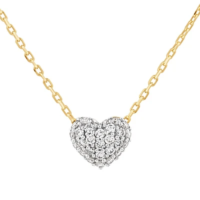 Collier à cœur miniature bombé en or jaune 10 K et rhodium avec diamants totalisant 0,12 ct