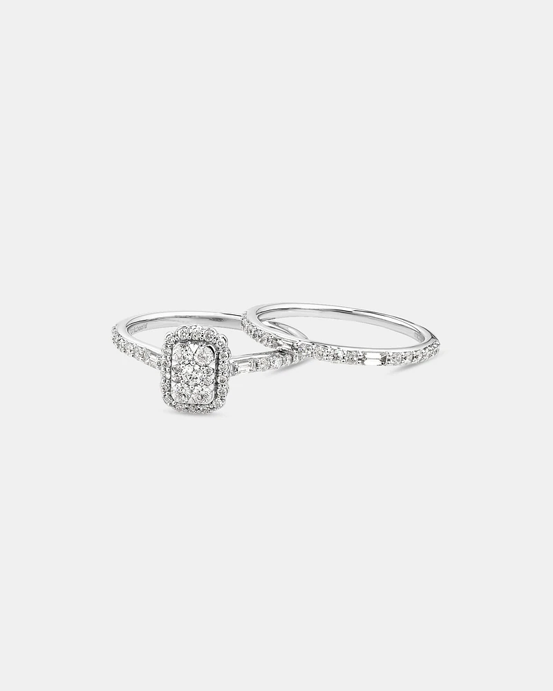 0.75 Carat TW Rectangle Shaped Cluster Engagement Ring and Wedding Ring Bridal Set in 14kt White Gold