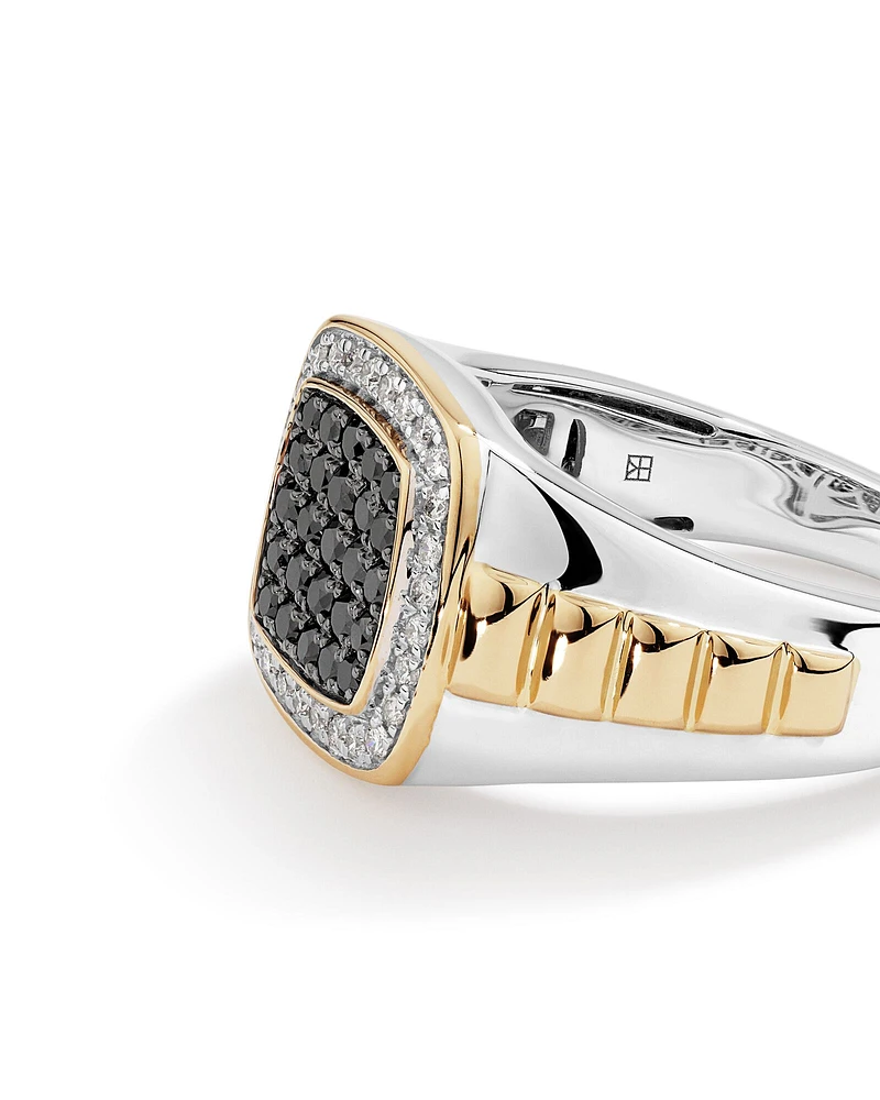 0.75 Carat TW Two-Tone Black and White Diamond Pave Men's Signet Ring in 10kt Yellow and White Gold