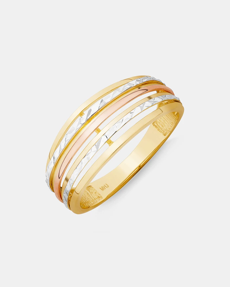 Patterned Tri-Tone Ring in 10kt Yellow, White & Rose Gold
