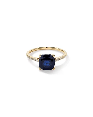 Cushion Cut Blue Created Sapphire Gemstone and Diamond Ring in 10kt Yellow Gold