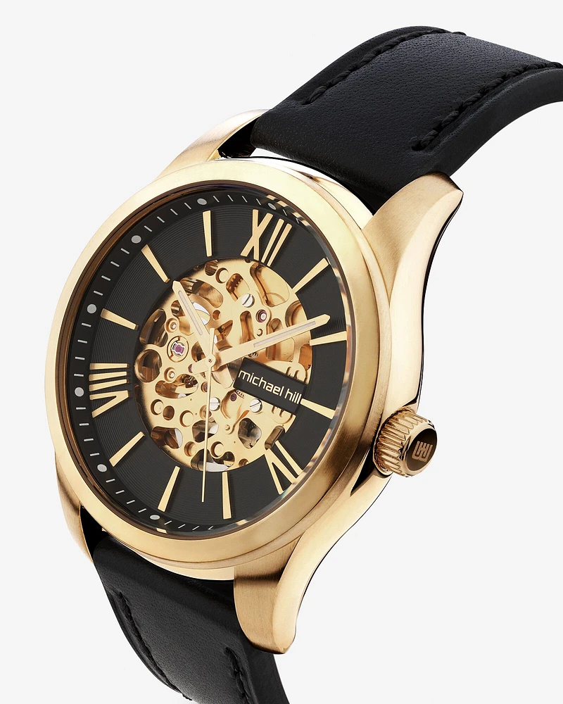 Michael Hill Automatic Skeleton Watch In Rose Tone Stainless Steel And Leather