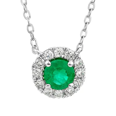 Halo Pendant with Emerald & 0.14 Carat TW of Diamonds in 10kt White Gold