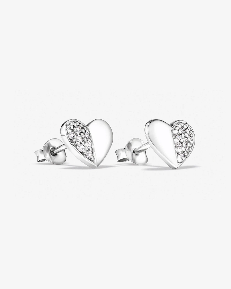 Pave Heart Stud Earrings with Cubic Zirconia in Sterling Silver