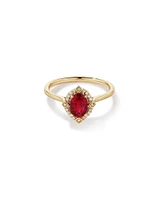 Oval Cut Created Ruby and Diamond Halo Ring in 10kt Yellow Gold