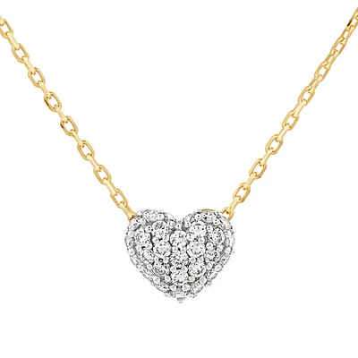 Mini Puff Heart Necklace with .12TW of Diamonds in 10kt Yellow Gold and Rhodium