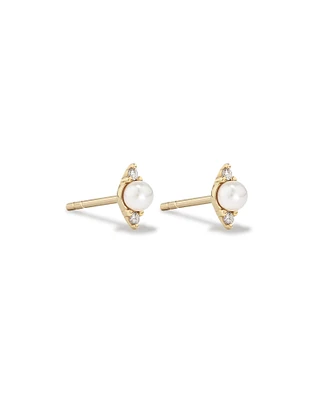 Three Stone Cultured Freshwater Pearl and Diamond Stud Earrings in 10kt Yellow Gold