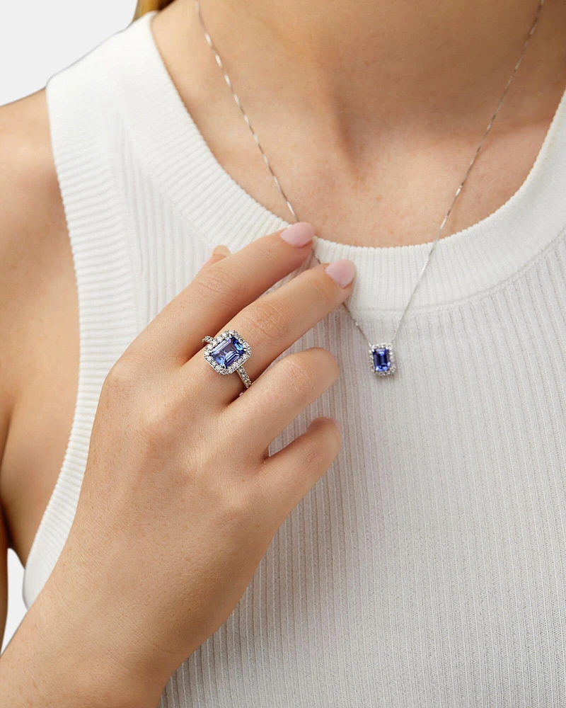 Halo Ring with Tanzanite & 0.75 Carat TW of Diamonds in 14kt White Gold