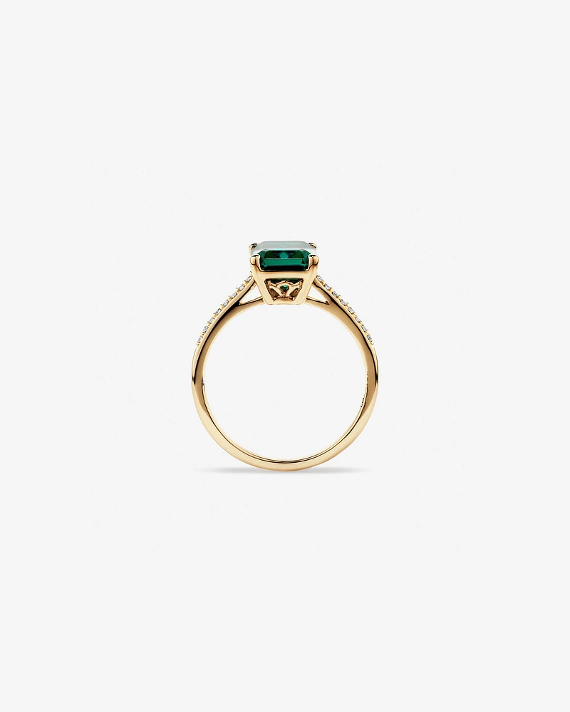 Emerald Cut Green Created Emerald Gemstone and Diamond Ring in 10kt Yellow Gold