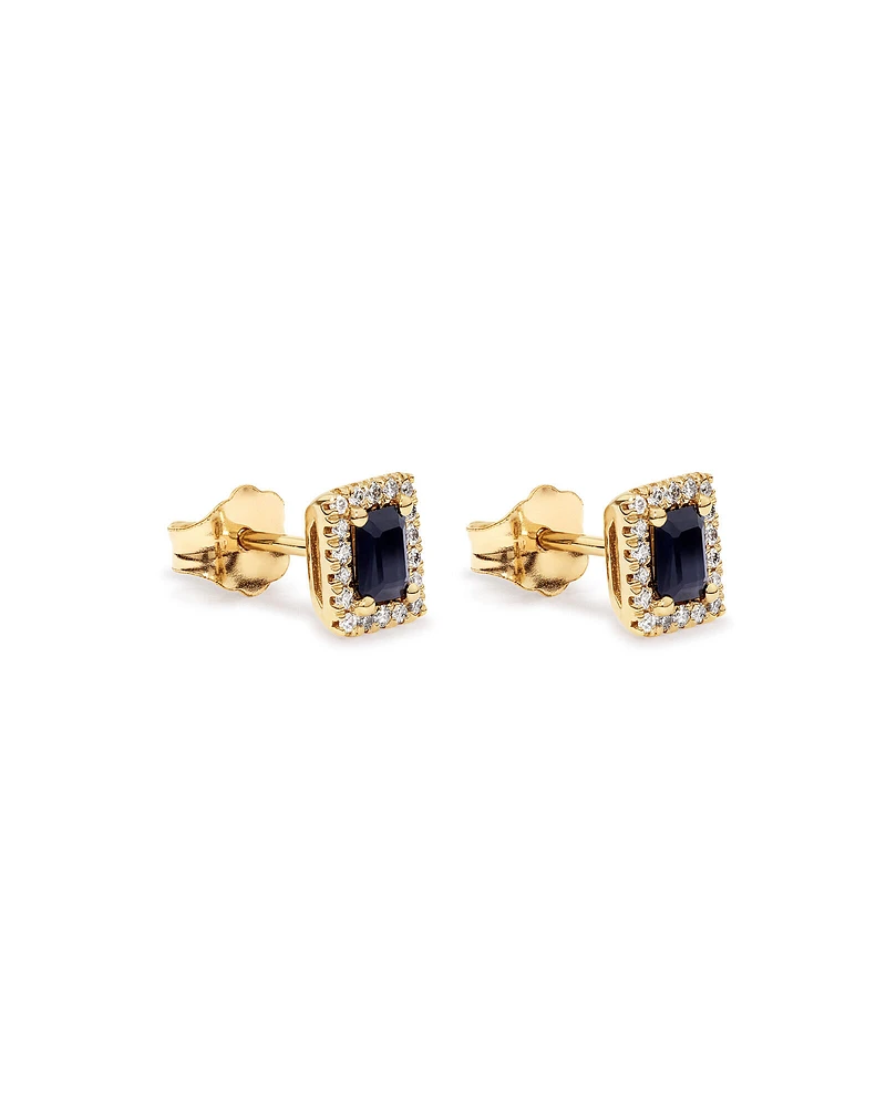 Emerald Cut Blue Sapphire Gemstone and 0.10 Carat TW Diamond Halo Stud Earrings in 10kt Yellow Gold