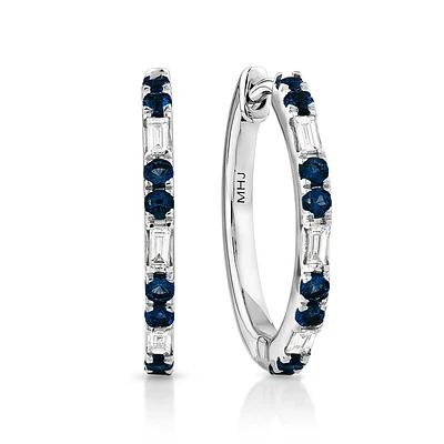 Sapphire & Diamond Dot Dash Hoop Earrings with 0.14 Carat TW in 10kt White Gold