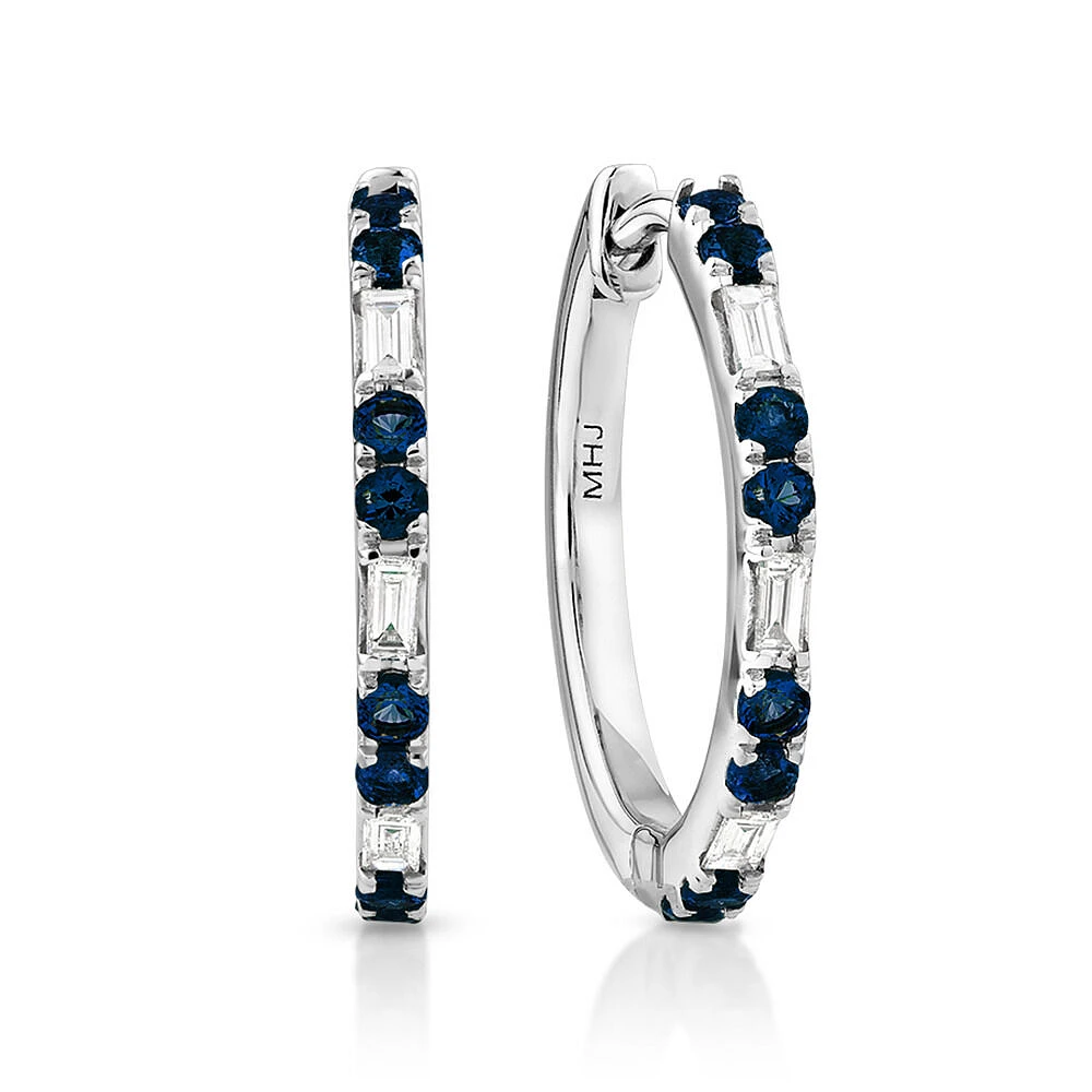 Boucles d'Oreilles Créoles Dot Dash en Saphir & Diamant avec 0,14 Carat TW en Or Blanc 10kt