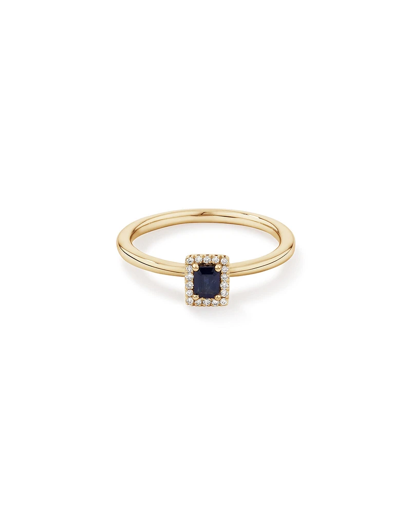 Emerald Cut Blue Sapphire Gemstone and 0.09 Carat TW Diamond Halo Ring in 10kt Yellow Gold