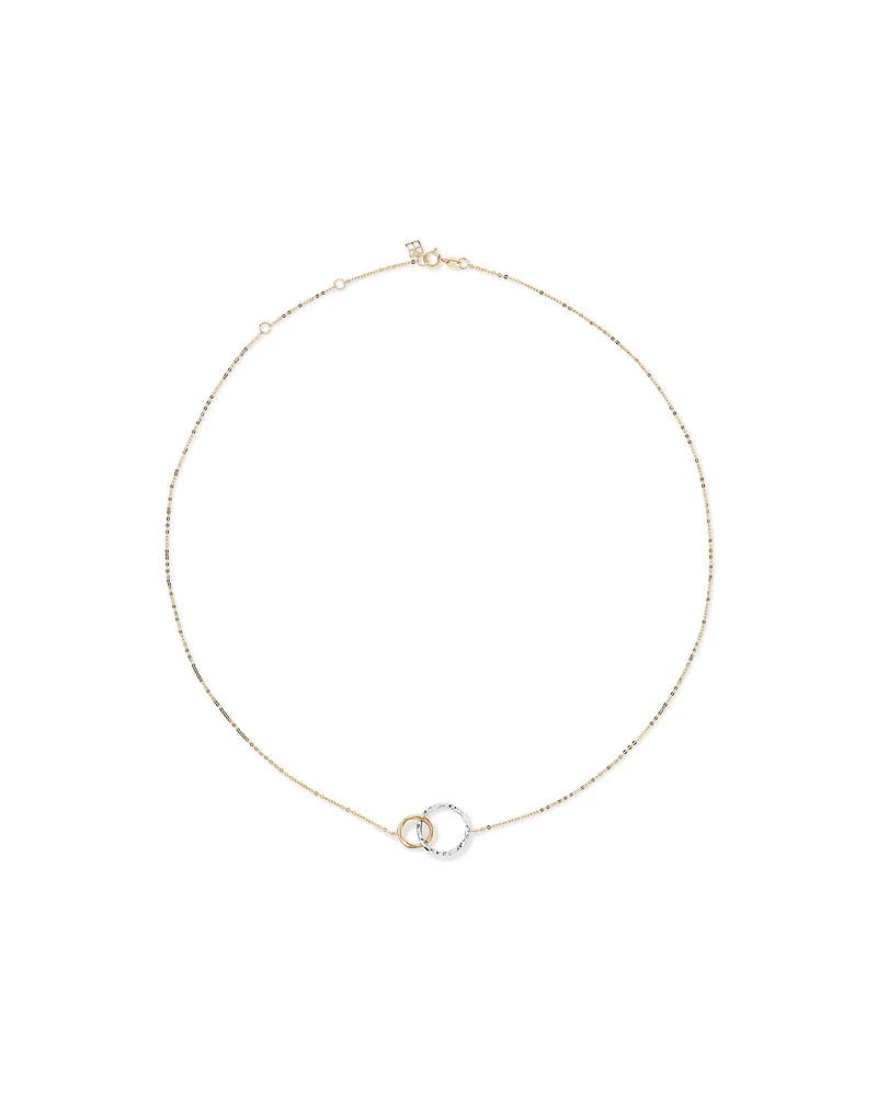 Two-Tone Double Circle Link Hammered Finish Necklace in 10kt White & Yellow Gold