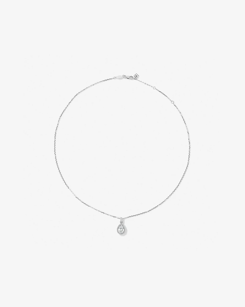 Pear Cubic Zirconia Halo Pendant Necklace in Sterling Silver