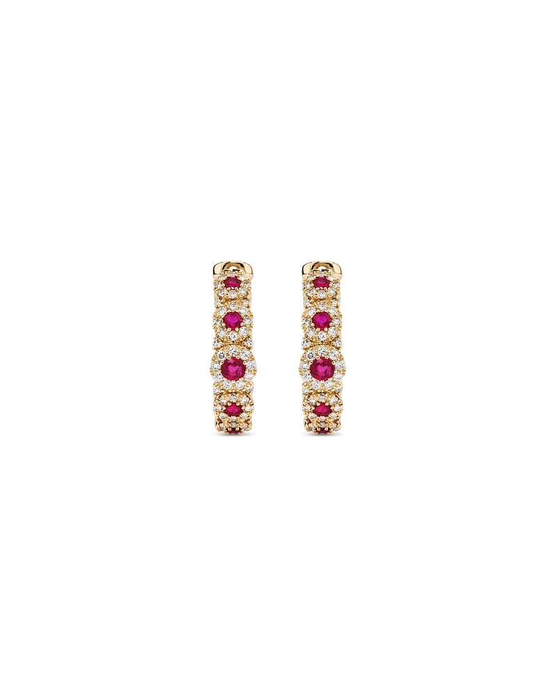 Bubble Huggie Earrings with Ruby and 0.52 Carat TW Diamonds in 14kt Yellow Gold