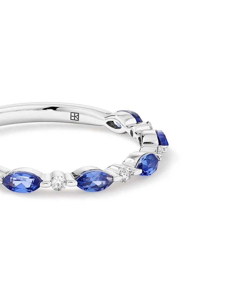 Marquise Cut Ceylon Blue Created Sapphire Gemstone and Diamond Ring in Sterling Silver