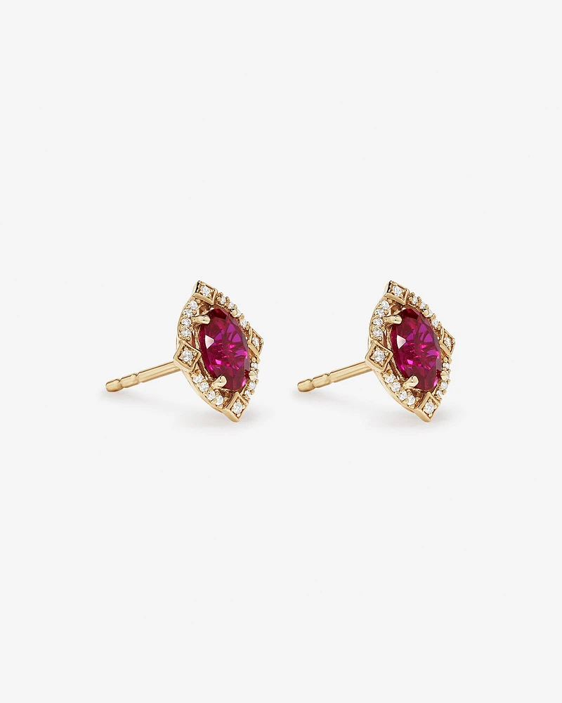 Oval Cut Created Ruby and Diamond Halo Stud Earrings in 10kt Yellow Gold