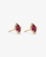 Oval Cut Created Ruby and Diamond Halo Stud Earrings in 10kt Yellow Gold