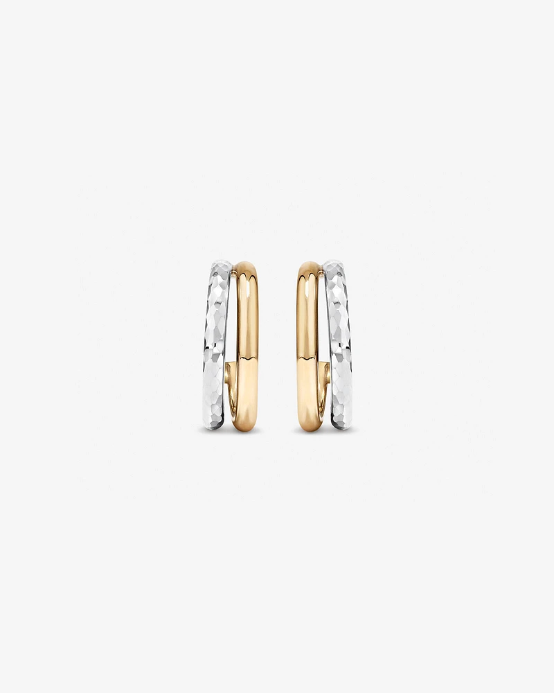 Two-Tone Double Half Hoop Hammered Finish Stud Earrings in 10kt White and Yellow Gold