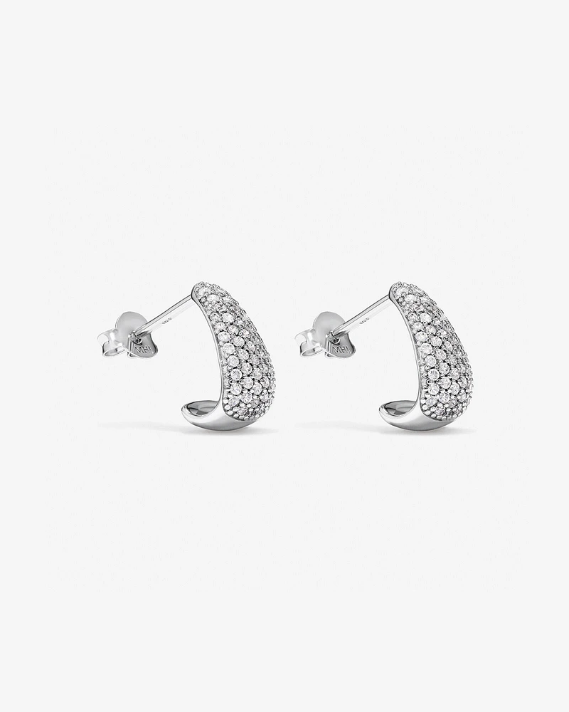 Cubic Zirconia Pave Half Hoop Dome Stud Earrings in Sterling Silver