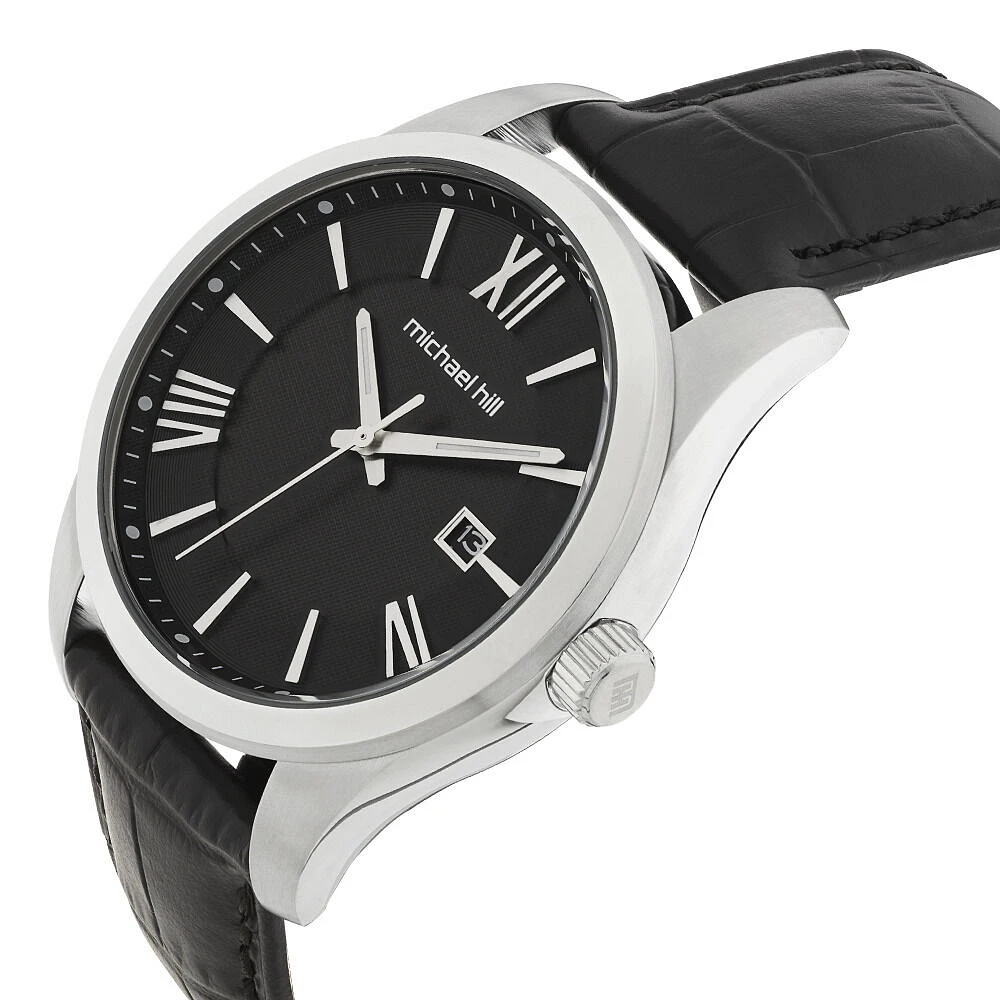 Montre en acier inoxydable et en cuir noir pour homme