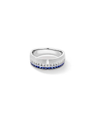 Bague pour homme en or blanc 10 carats avec diamants TW et saphir bleu de 0,46 carat