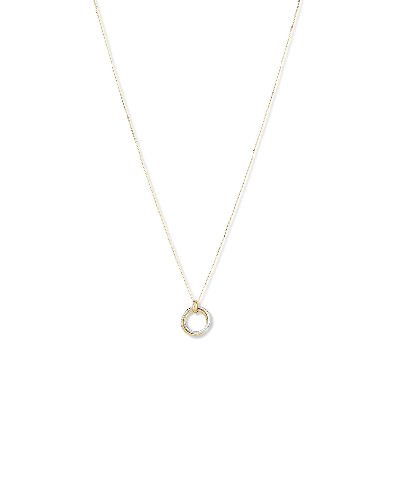 Two-Tone Double Circle Pendant Hammered Finish Necklace in 10kt White and Yellow Gold