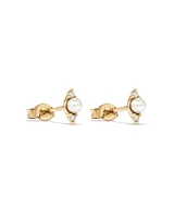 Three Stone Cultured Freshwater Pearl and Diamond Stud Earrings in 10kt Yellow Gold