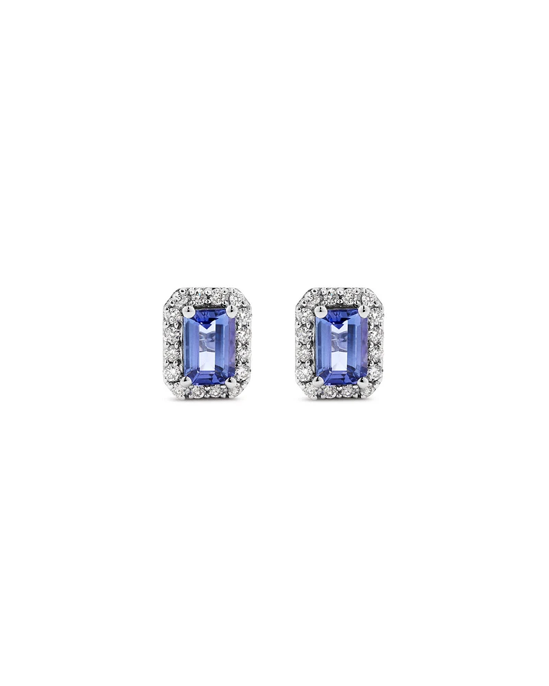 Emerald Cut Blue Tanzanite Gemstone and 0.25Carat TW Diamond Halo Stud Earrings in 14kt White Gold