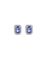 Emerald Cut Blue Tanzanite Gemstone and 0.25Carat TW Diamond Halo Stud Earrings in 14kt White Gold