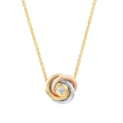 Diamond Accent Tri Tone Knot Necklace in 10kt Yellow, Rose and White Gold