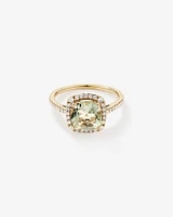 Cushion Cut Green Amethyst Gemstone and 0.25 Carat TW Diamond Halo Ring in 10kt Yellow Gold