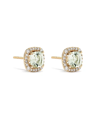 Boucles D'Oreilles Halo Avec Pierre Précieuse Améthyste Verte Taille Coussin Et 0,32 Carat Pt De Diamants En Or Jaune 10 Ct