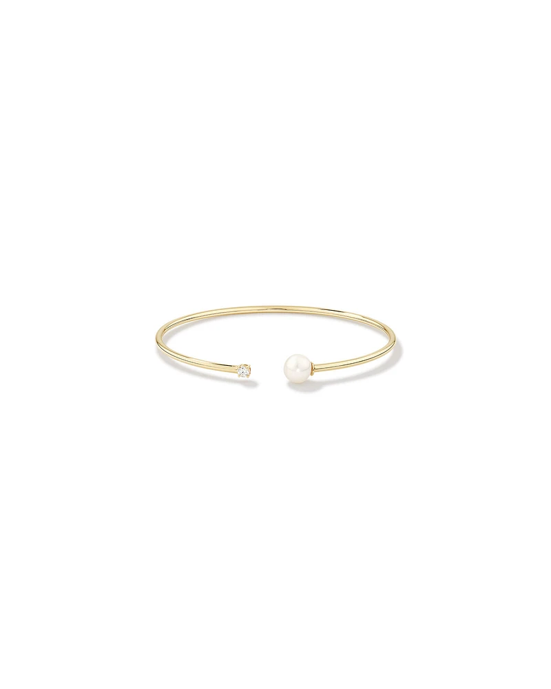 Cultured Freshwater Pearl and Diamond Torque Bangle in 10kt Yellow Gold