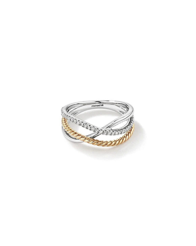 Crossover Wrap Ring with .15 Carat TW Diamonds in Sterling Silver and 10kt Yellow Gold