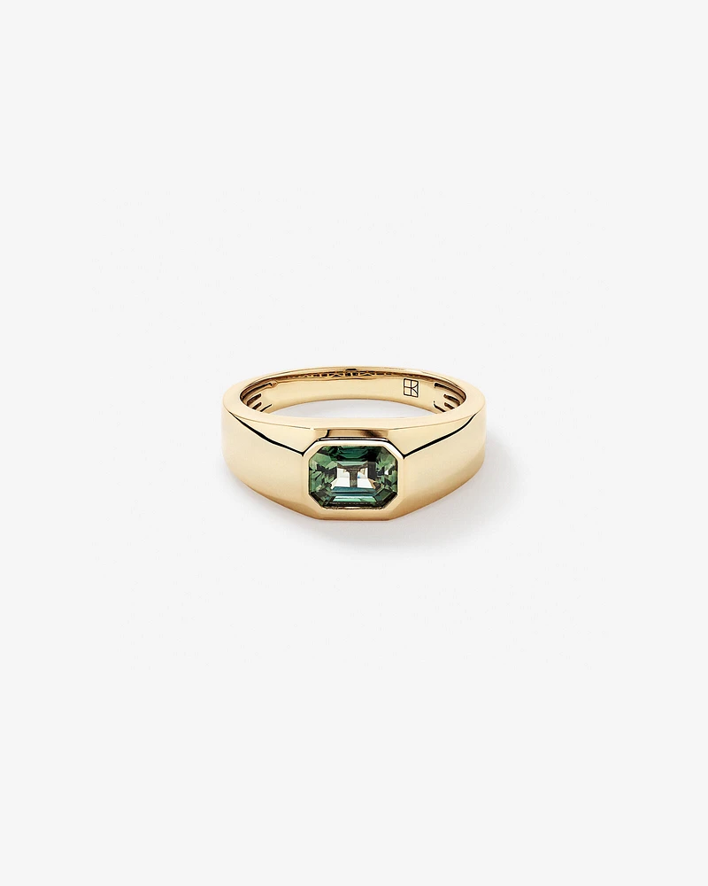 Bezel Set Green Sapphire Gemstone Solitaire Mens Ring in 10kt Yellow Gold