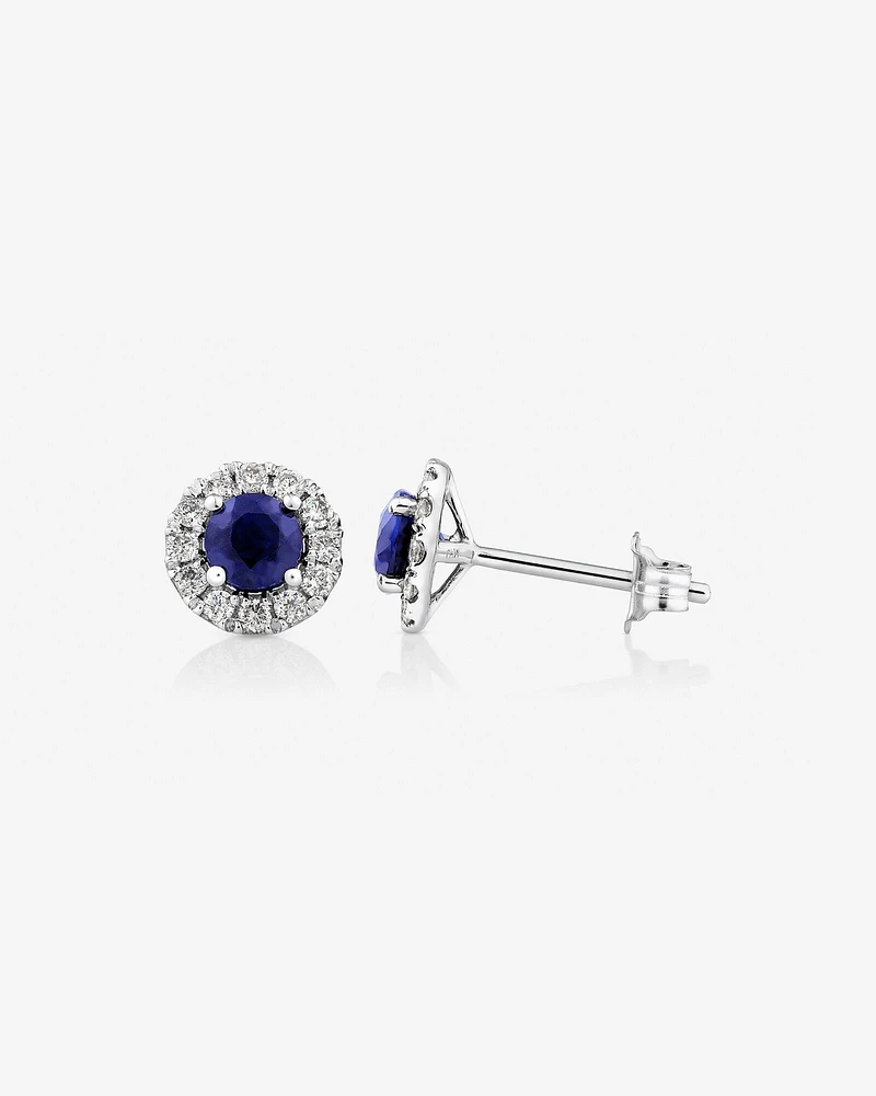 Halo Stud Earrings with Sapphire & 0.28 Carat TW of Diamonds in 10kt White Gold