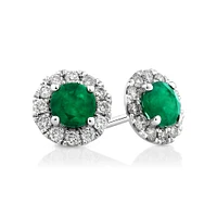 Halo Stud Earrings with Natural Emerald & 0.28 Carat TW of Diamonds in 10kt White Gold